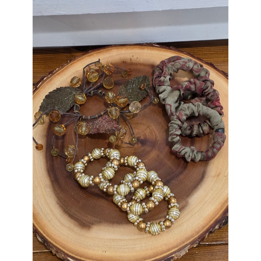VTG Whimsical Boho Napkin Rings Set 9pc Gold Beaded Fabric Olive Amber Harvest